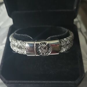 Silver and Black Braided Leather Bracelet With Stainless Owl Magnetic Clasp.